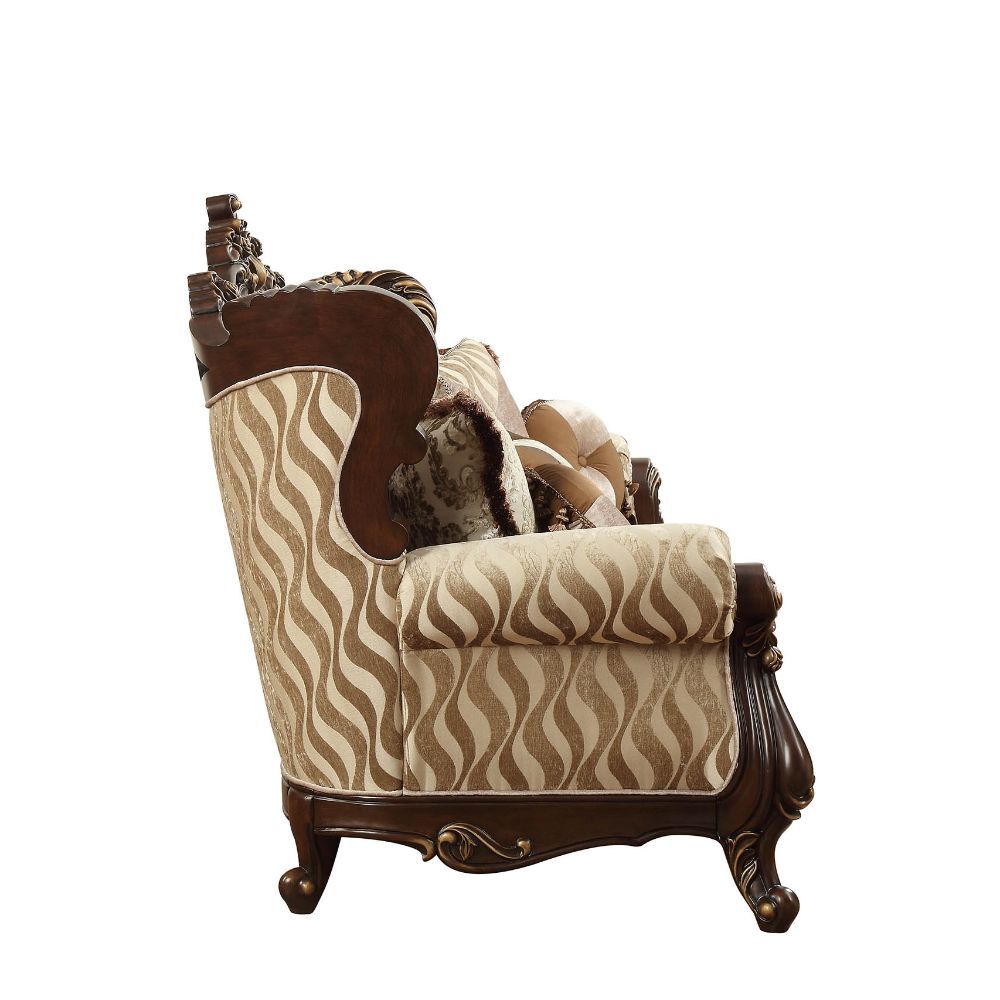 Shalisa Fabric & Walnut Sofa with Seven Pillows