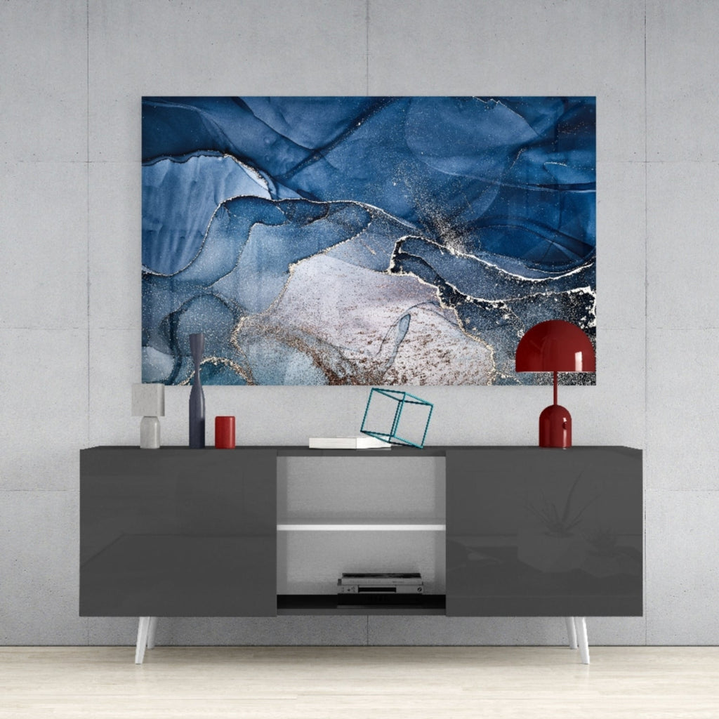 Steel Blue Gold Ink Glass Wall Art
