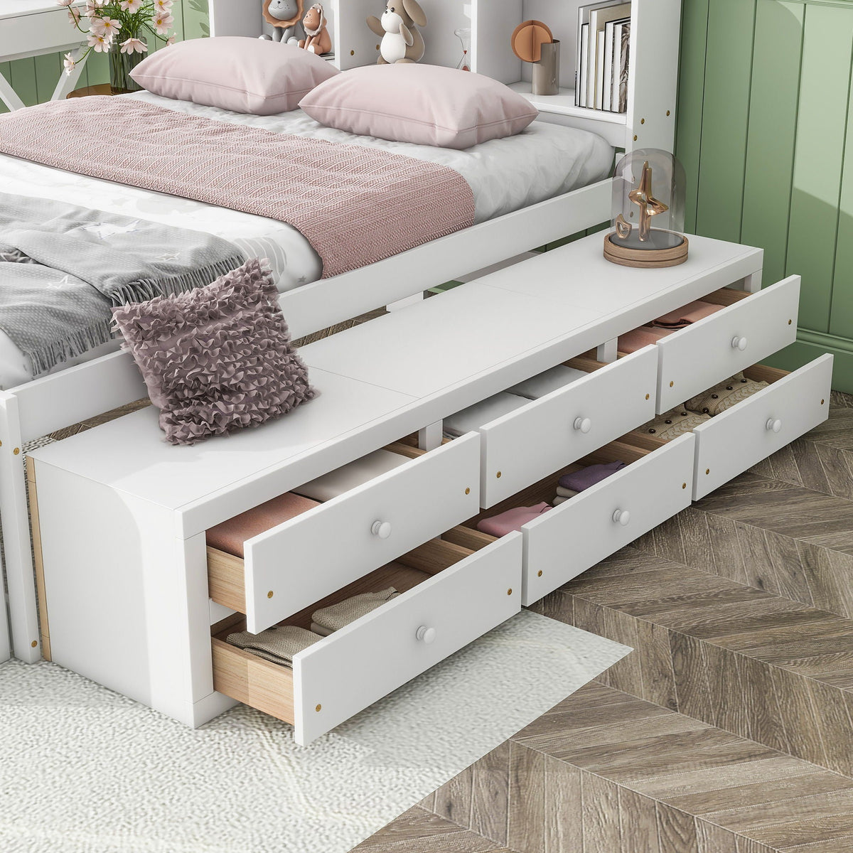 Storage Bed with Bookcase Headboard & Drawers