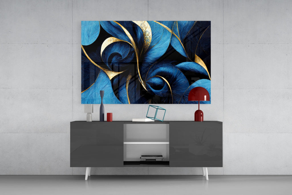 Sapphire Feather Spiral Gold Leaf Glass Wall Art