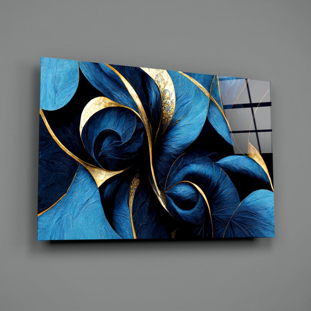 Sapphire Feather Spiral Gold Leaf Glass Wall Art