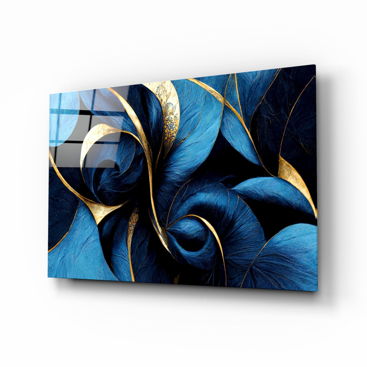 Sapphire Feather Spiral Gold Leaf Glass Wall Art