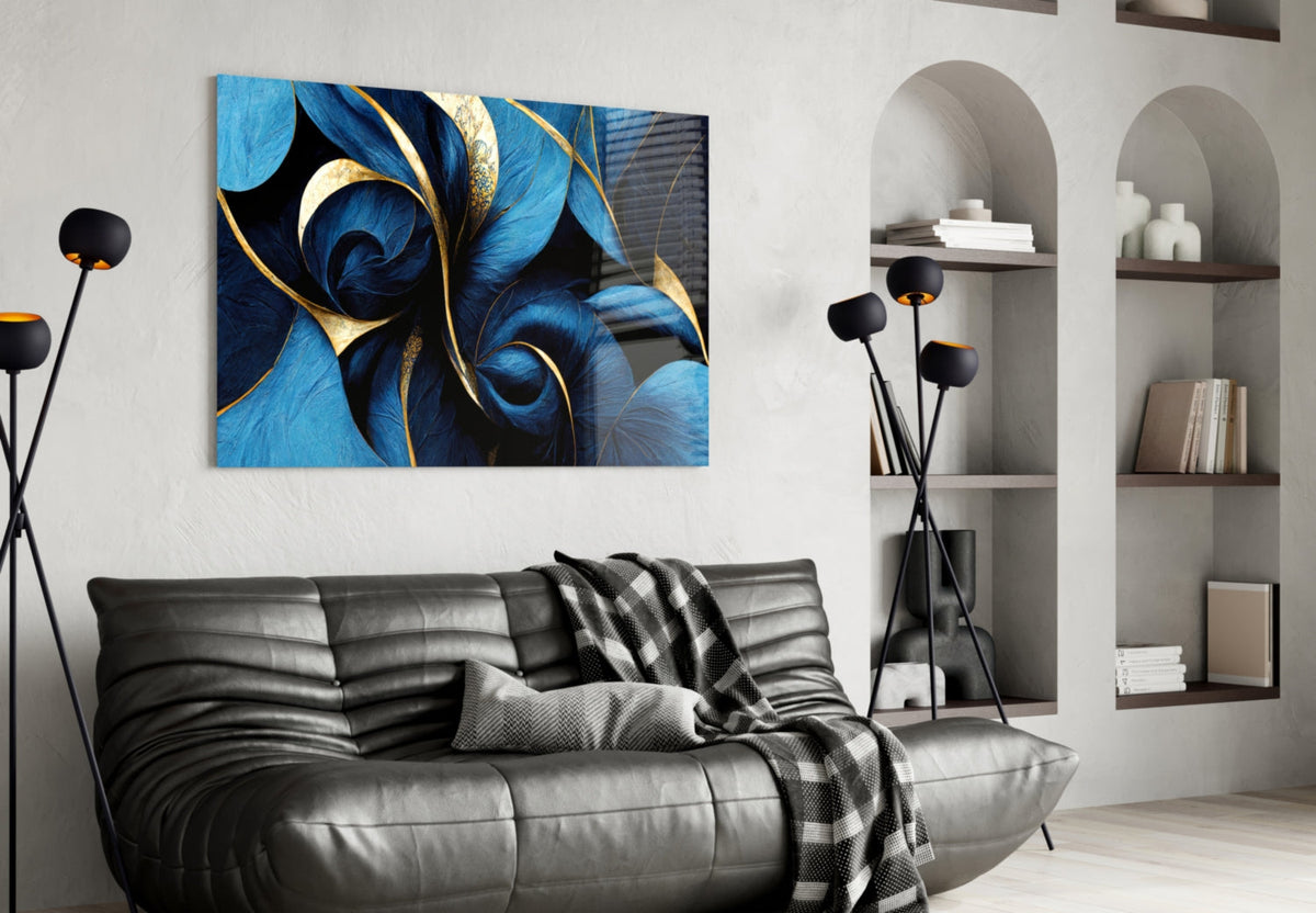 Sapphire Feather Spiral Gold Leaf Glass Wall Art