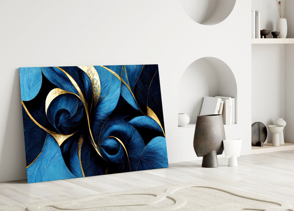 Sapphire Feather Spiral Gold Leaf Glass Wall Art