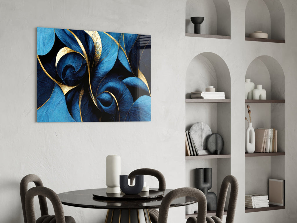 Sapphire Feather Spiral Gold Leaf Glass Wall Art