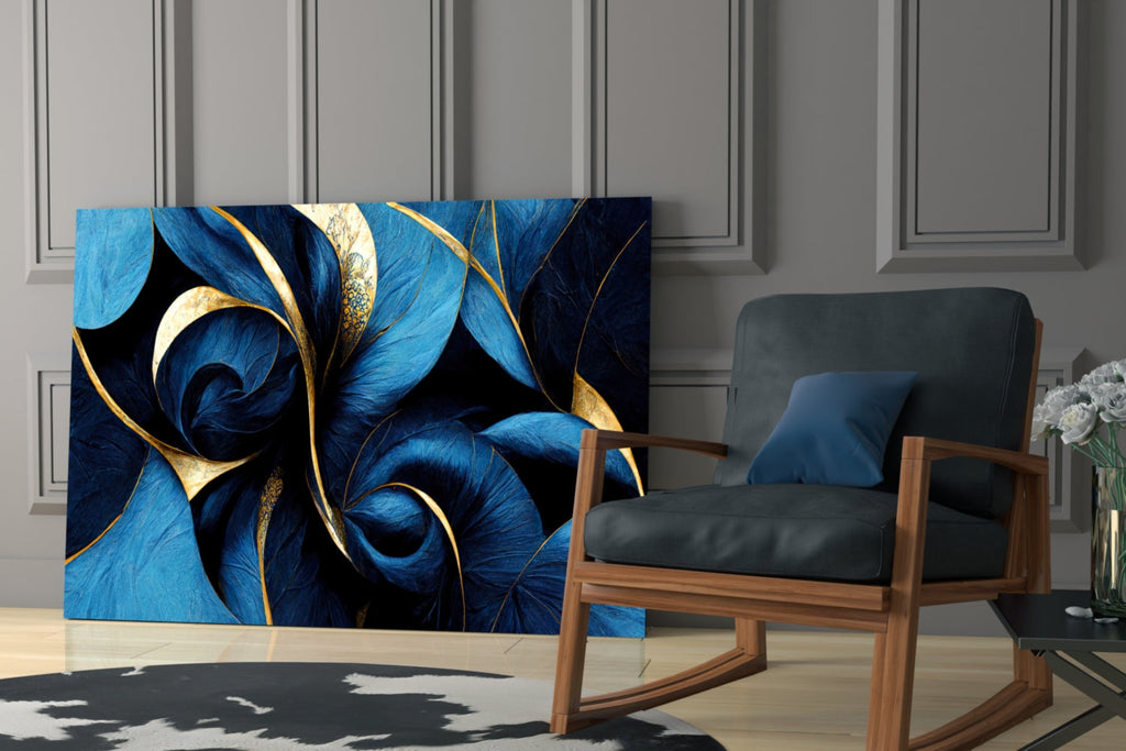 Sapphire Feather Spiral Gold Leaf Glass Wall Art
