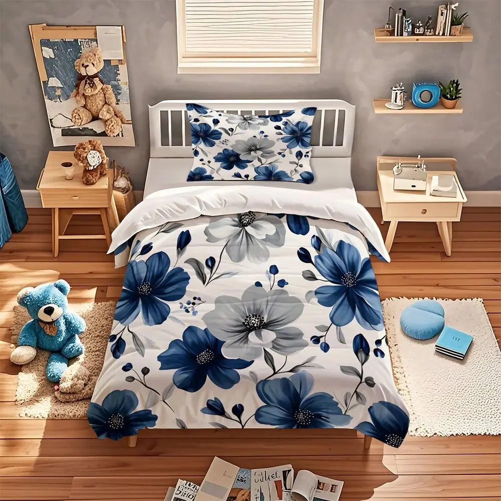 Blue Floral Duvet Cover Set Elegant Botanical Bedding Set Digital Print Quilt Cover