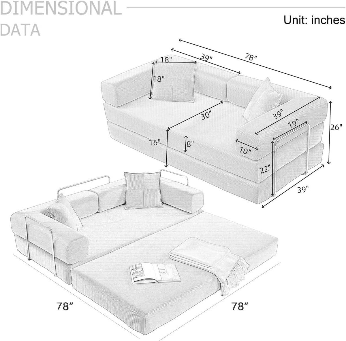 78-Inch Beige Convertible Sleeper Sofa