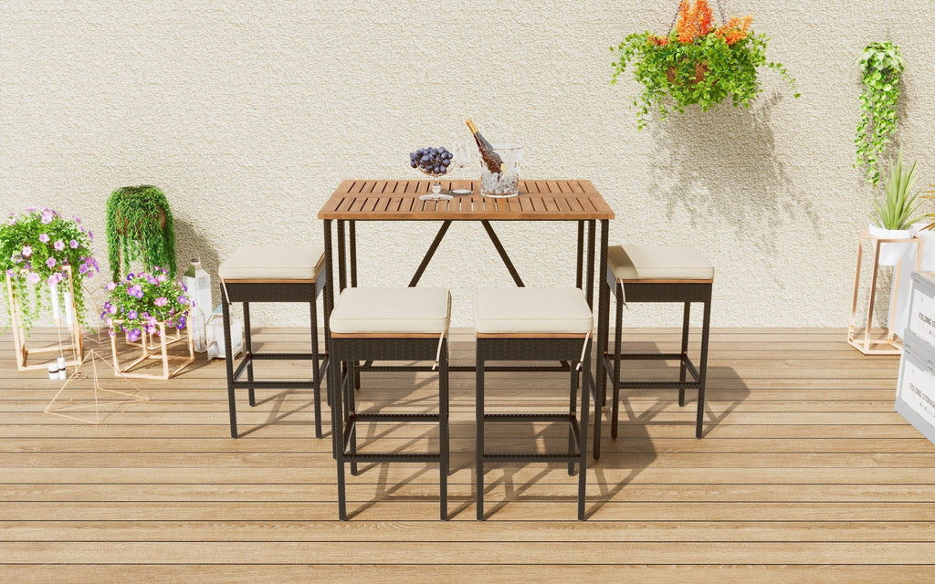 Outdoor Acacia Wood Bar Height Table and Eight Stools with Cushions