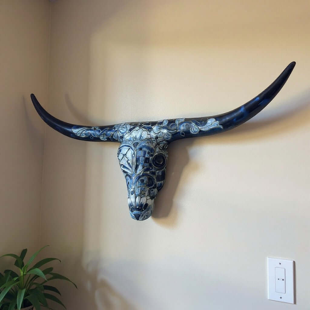 Blue & White Talavera Longhorn Skull Wall Art