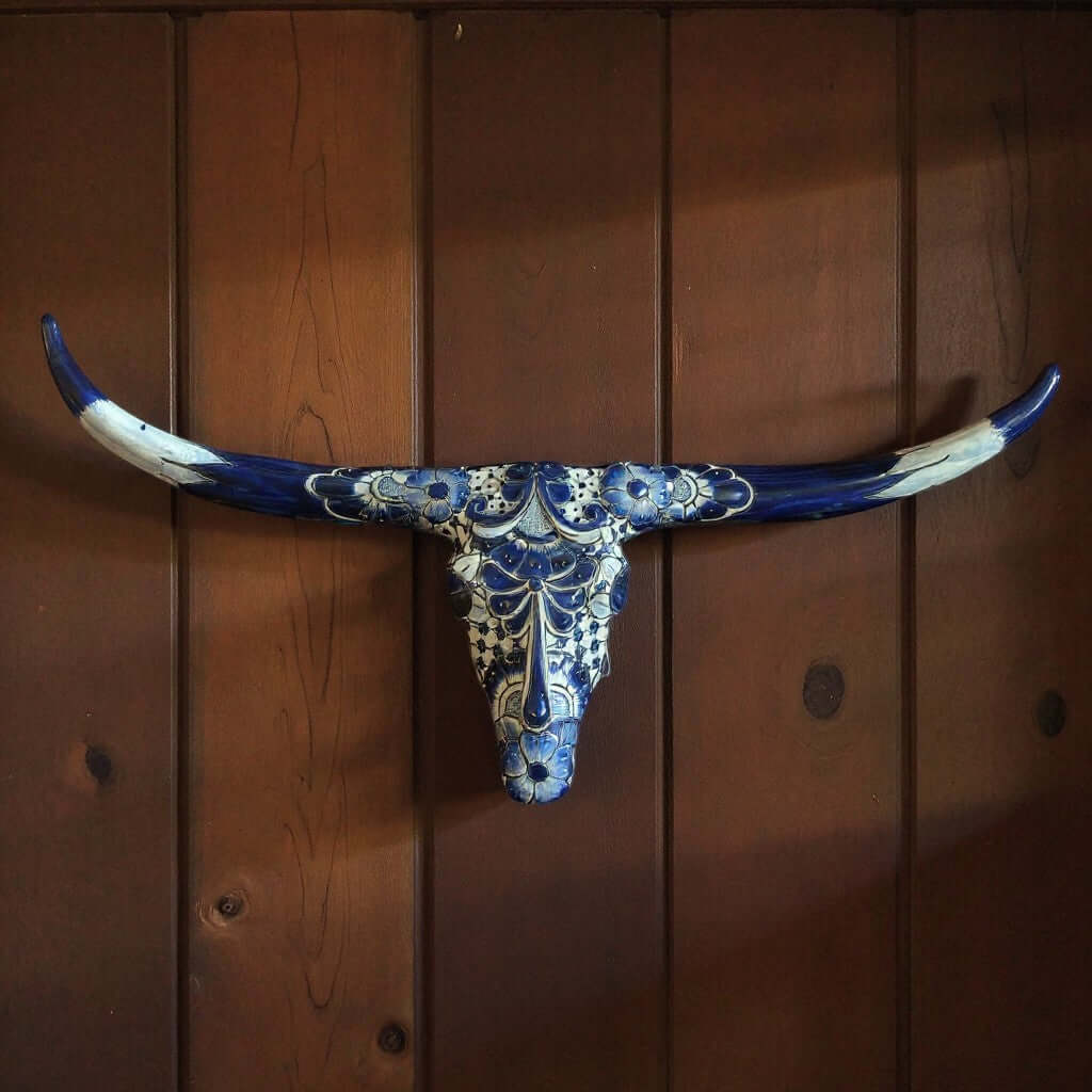 Blue & White Talavera Longhorn Skull Wall Art