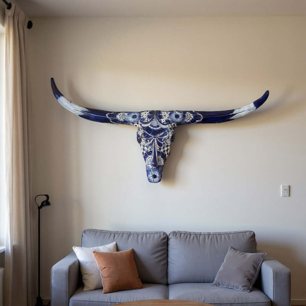 Blue & White Talavera Longhorn Skull Wall Art