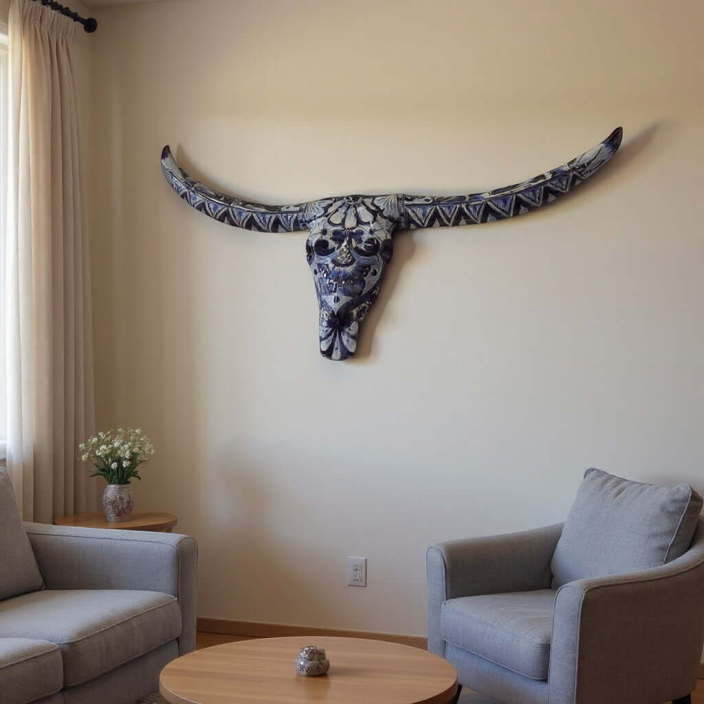 Blue & White Talavera Longhorn Skull Wall Art