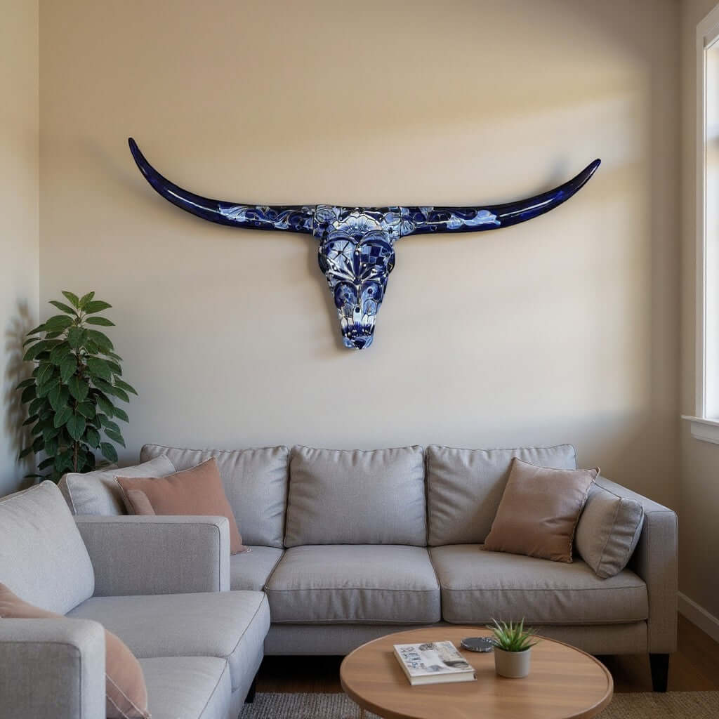 Blue & White Talavera Longhorn Skull Wall Art