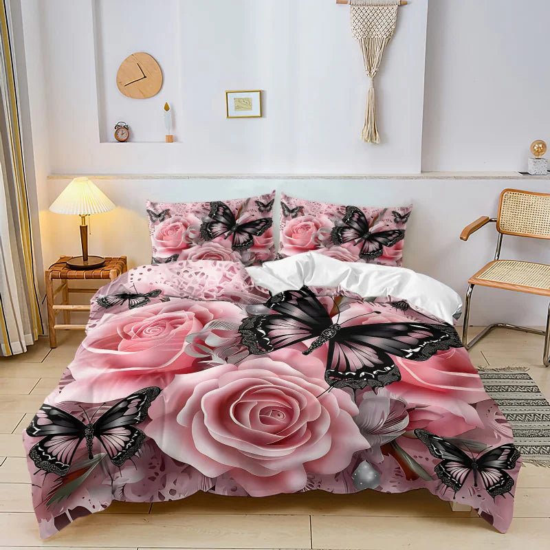 Pink Rose Black Butterfly Print Duvet Cover Set Lace Floral Bedding Soft Comforter