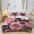 Pink Rose Black Butterfly Print Duvet Cover Set Lace Floral Bedding Soft Comforter