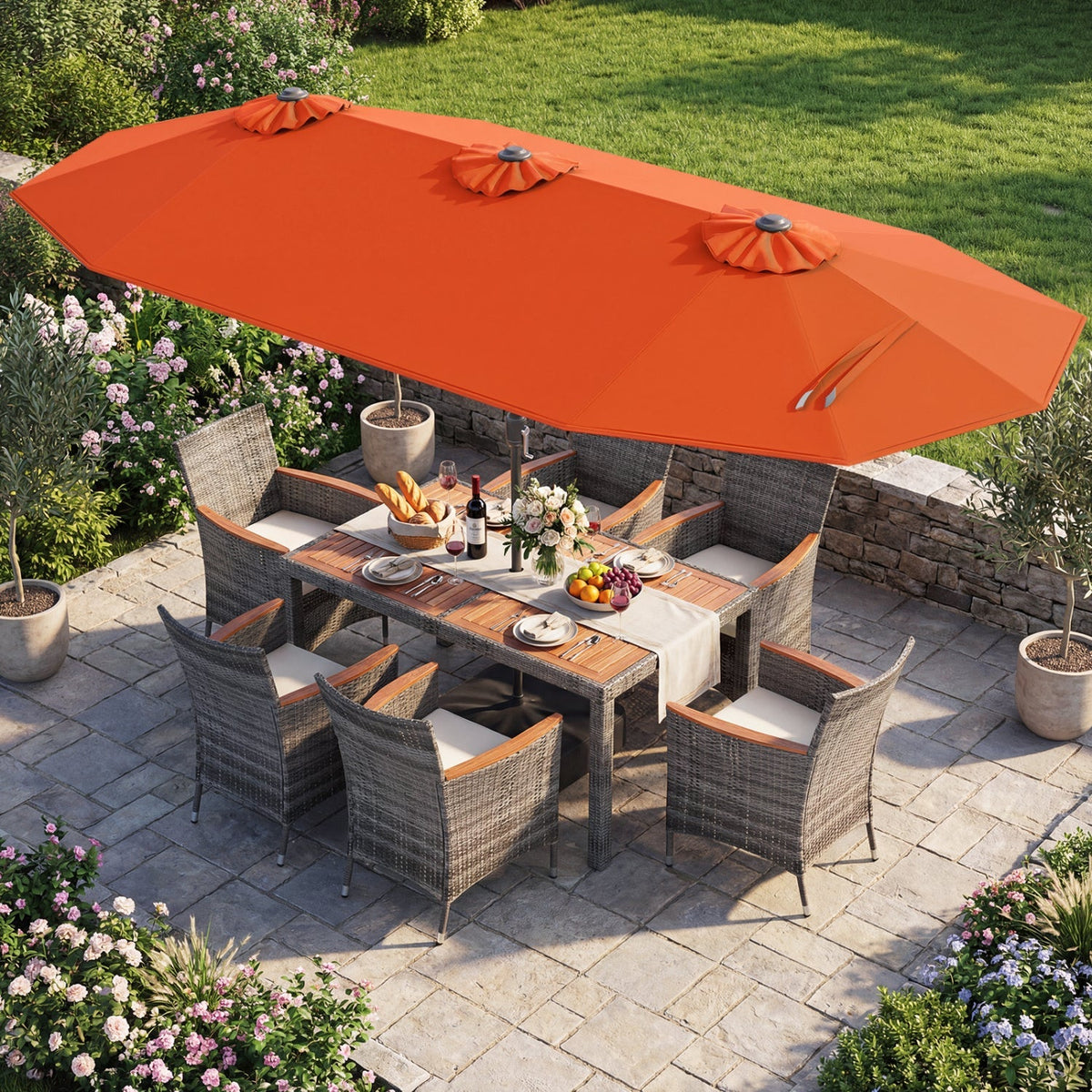 8-Piece Wicker Dining Set with Double-Sided Umbrella