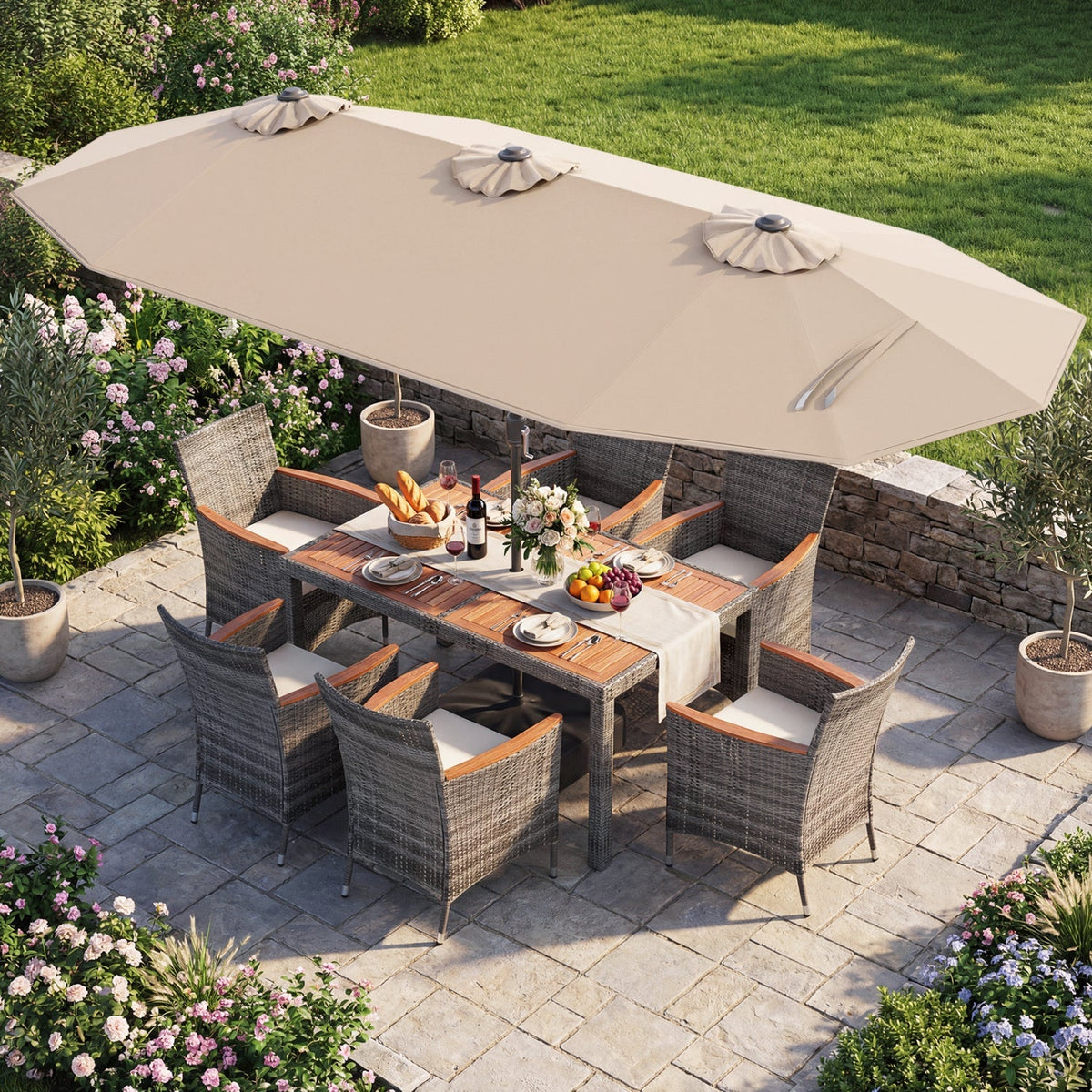 8-Piece Wicker Dining Set with Double-Sided Umbrella