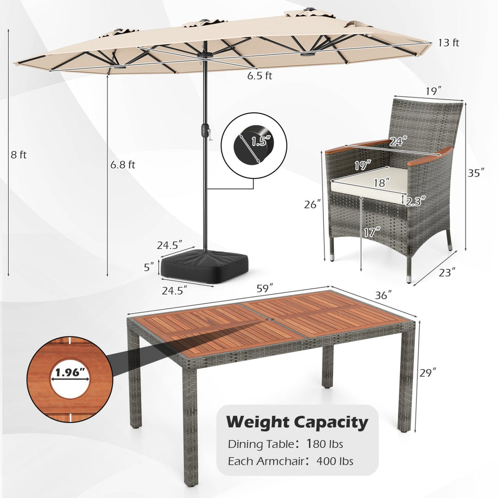 8-Piece Wicker Dining Set with Double-Sided Umbrella