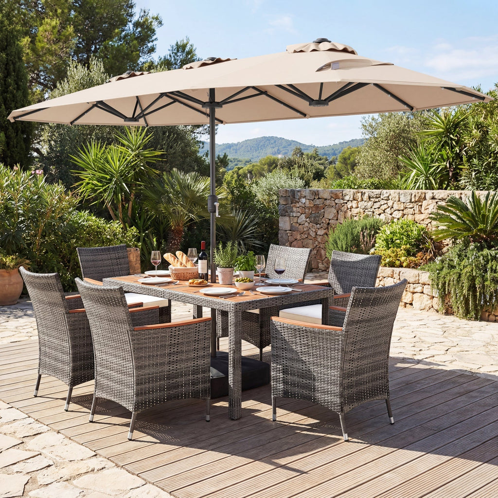 8-Piece Wicker Dining Set with Double-Sided Umbrella
