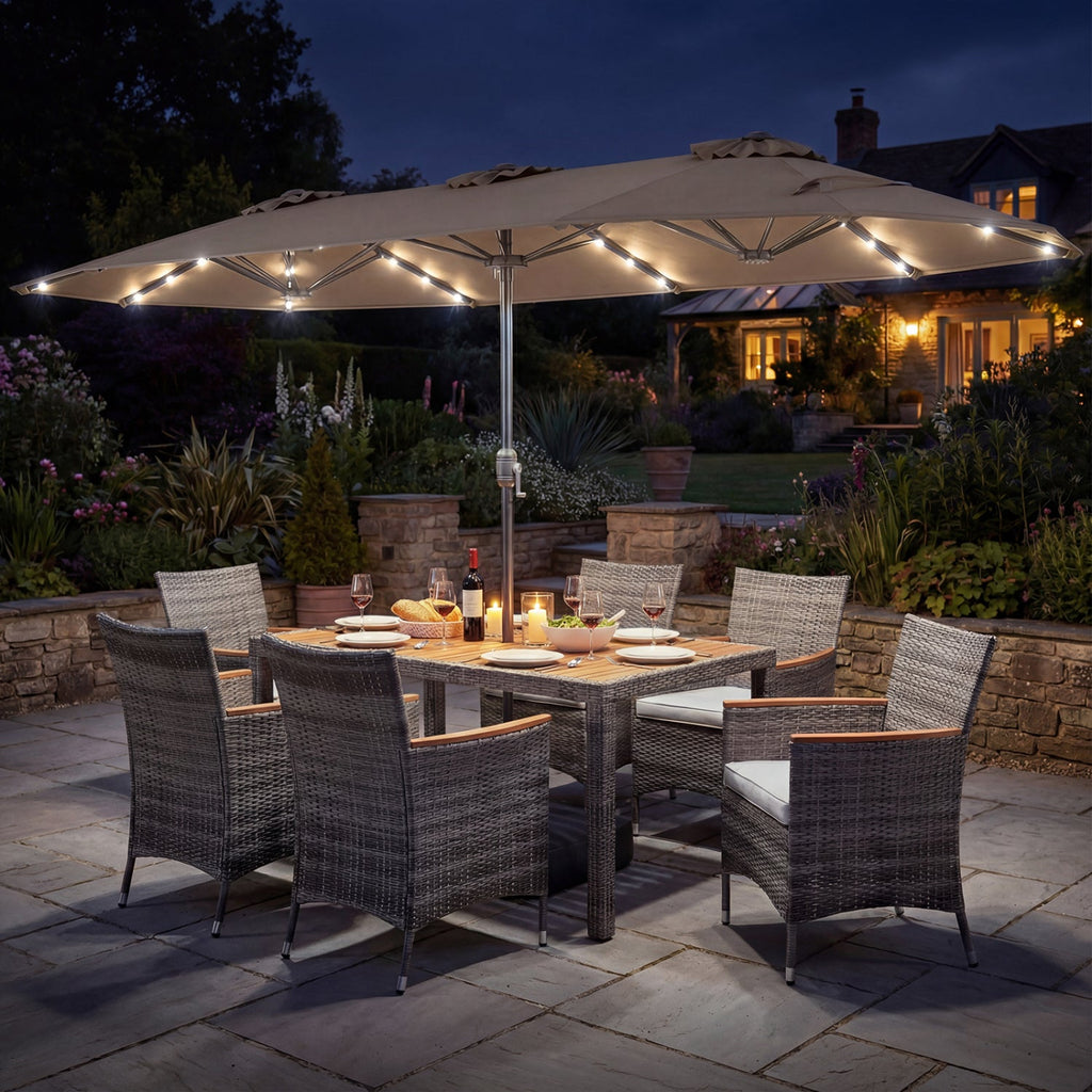 8 Pieces Outdoor Wicker Dining Furniture and 13.5 FT Double-Sided Patio Umbrella