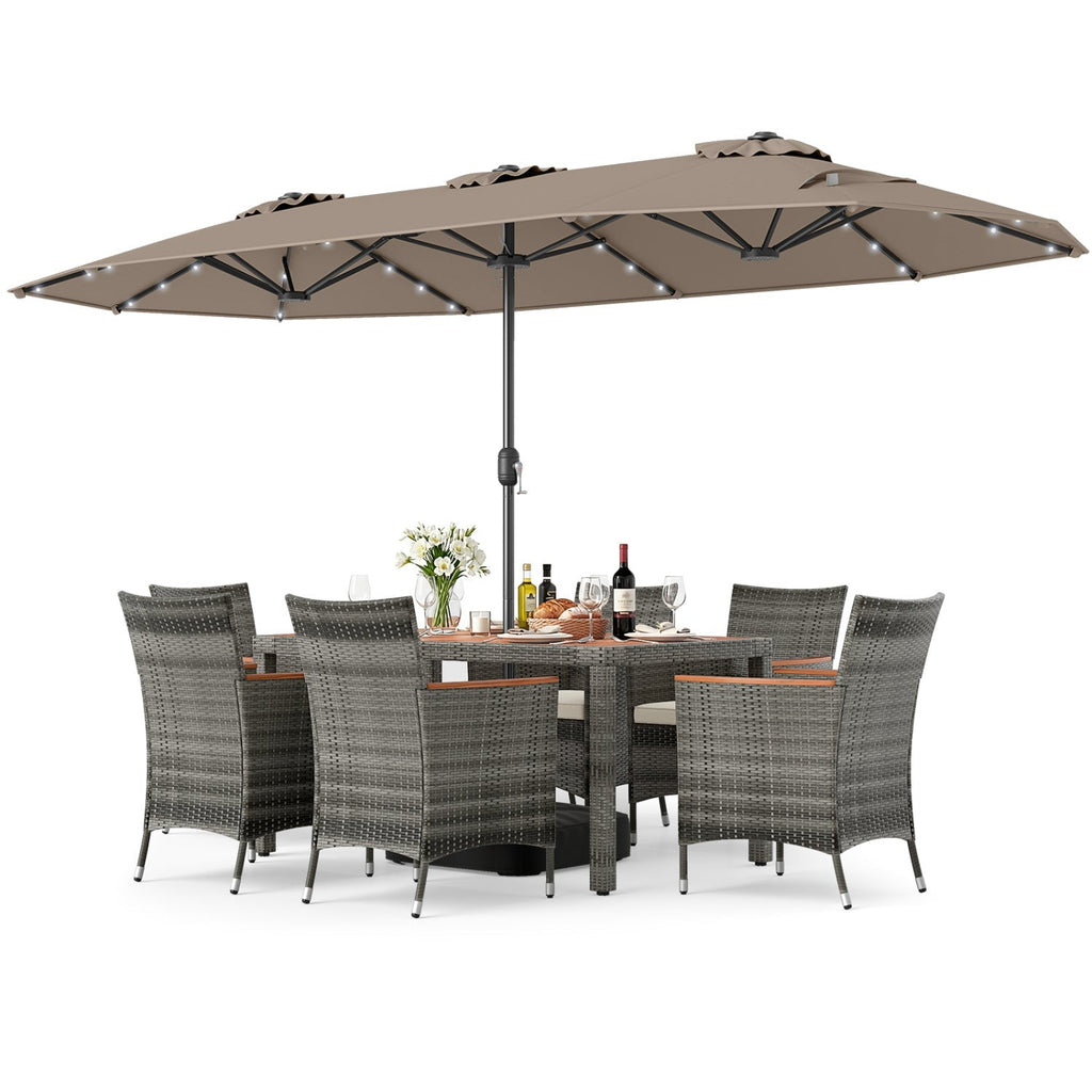 8-Piece Wicker Dining Set with Double-Sided Umbrella