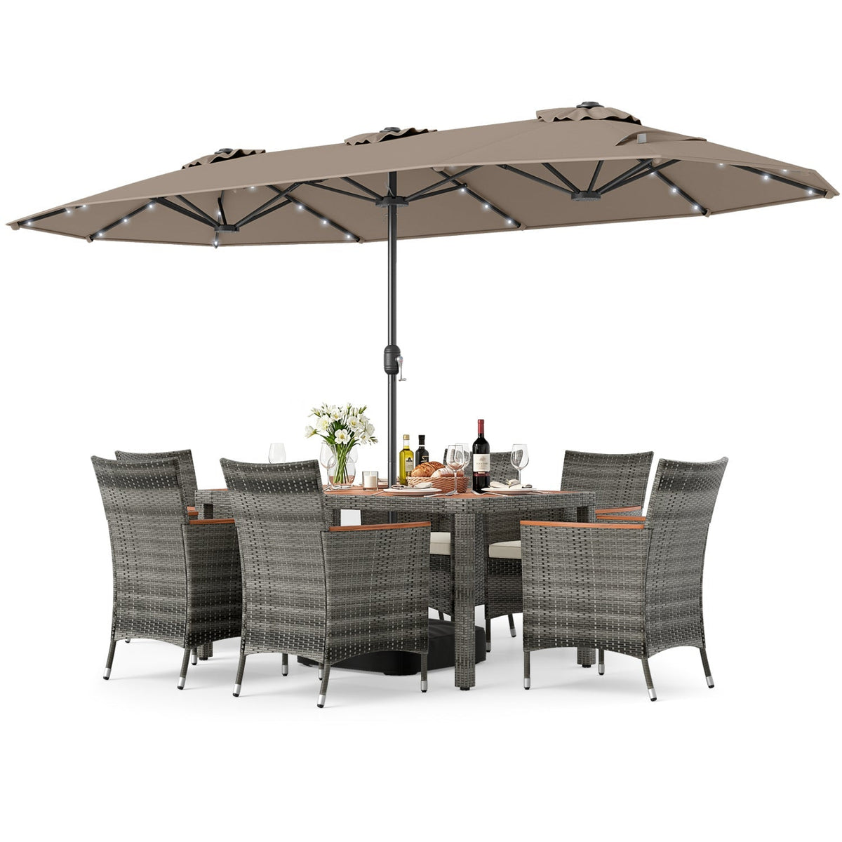 8-Piece Wicker Dining Set with Double-Sided Umbrella