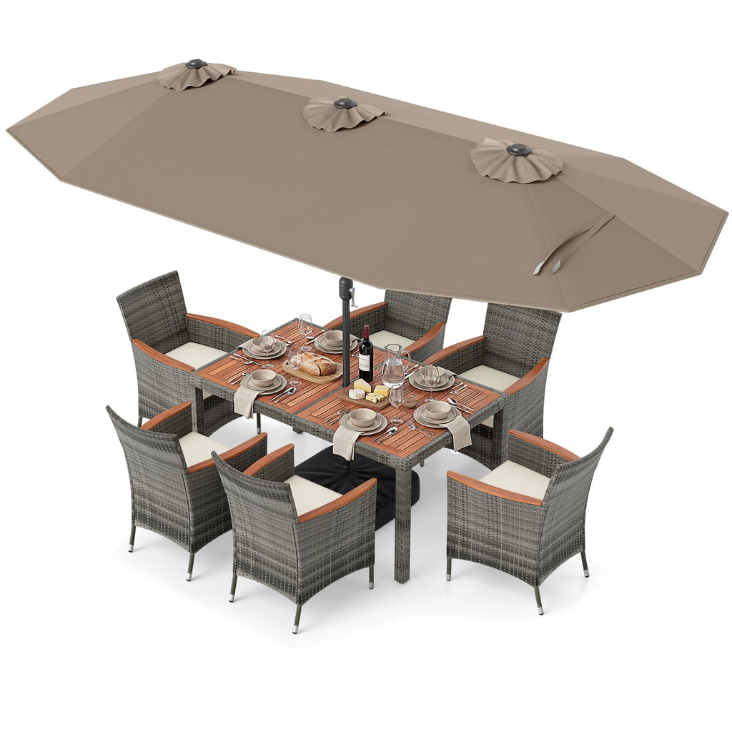 8 Pieces Outdoor Wicker Dining Furniture and 13.5 FT Double-Sided Patio Umbrella