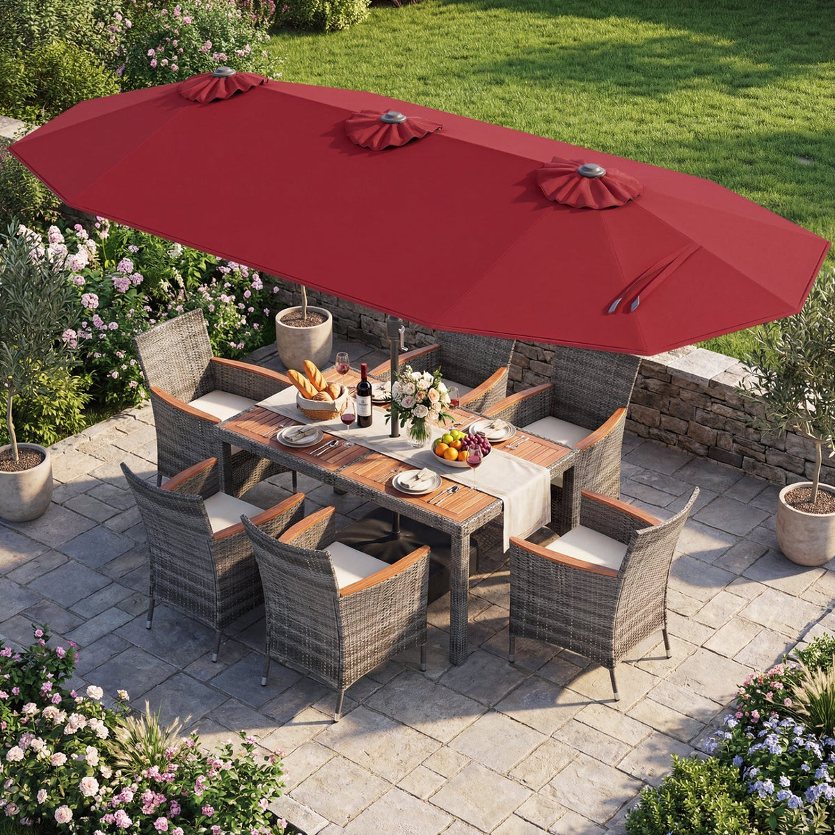 8-Piece Wicker Dining Set with Double-Sided Umbrella