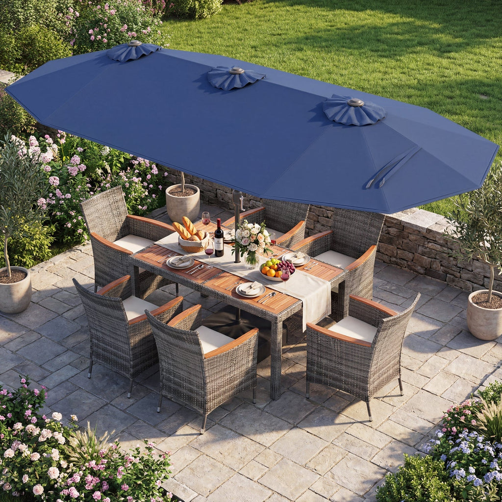8-Piece Wicker Dining Set with Double-Sided Umbrella