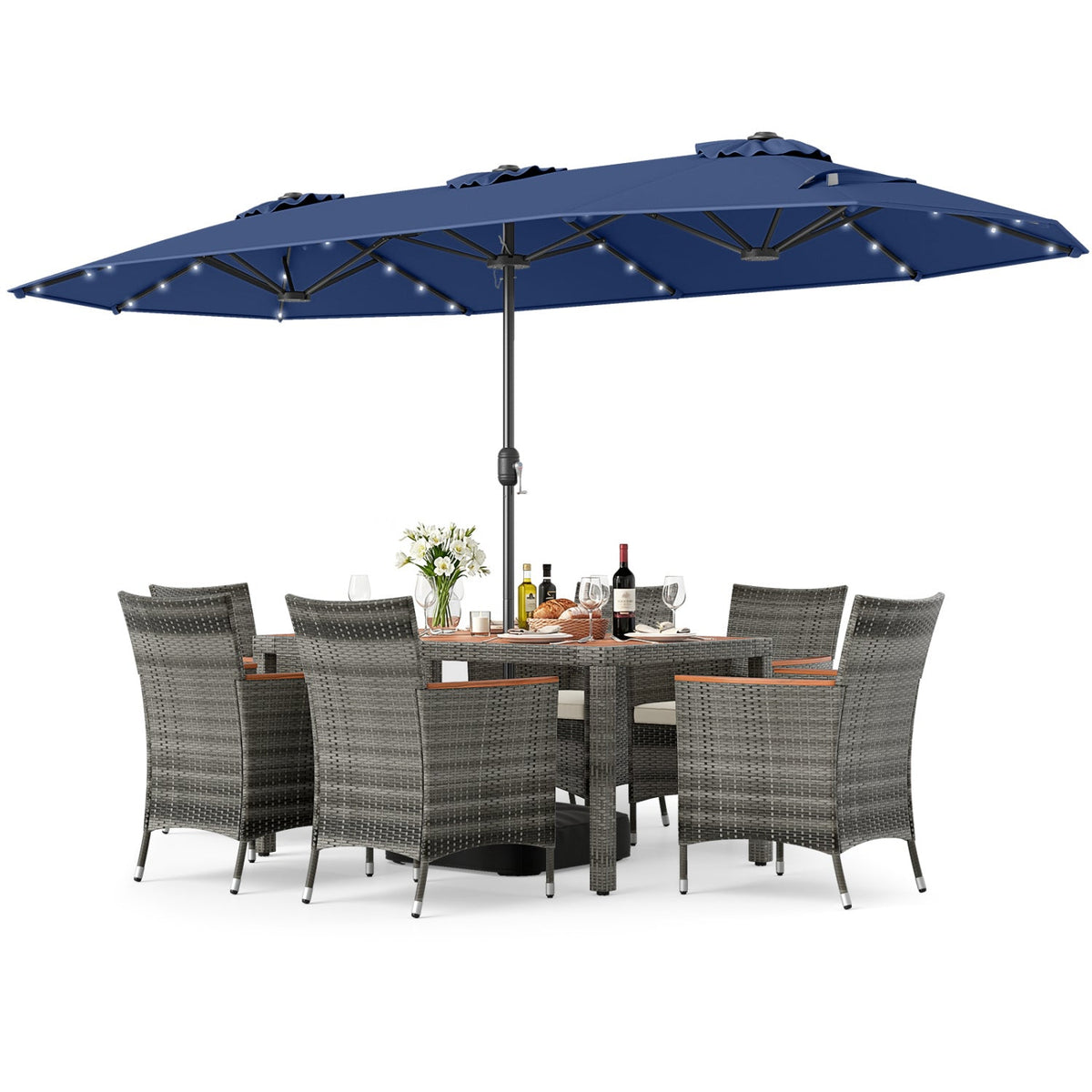 8-Piece Wicker Dining Set with Double-Sided Umbrella