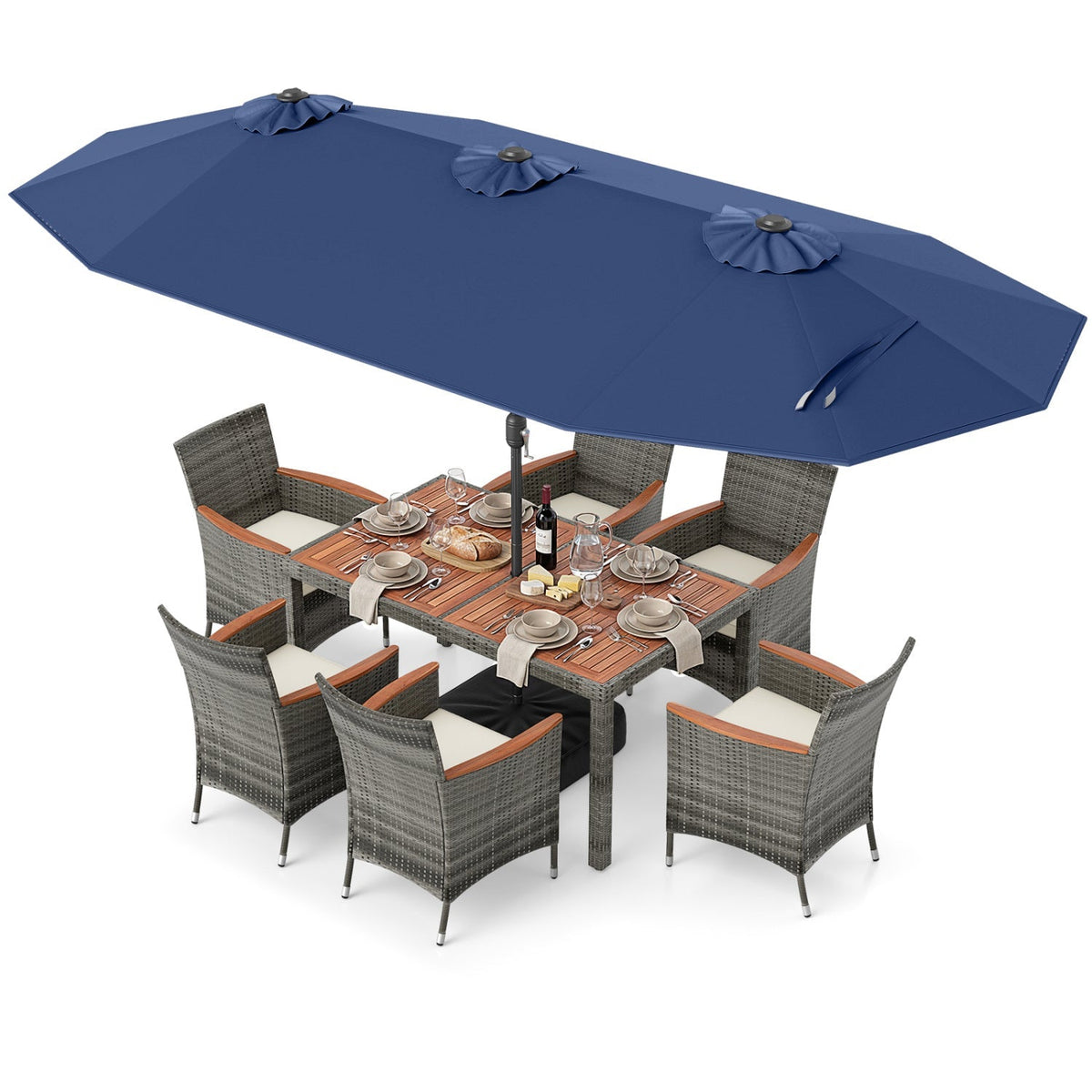 8-Piece Wicker Dining Set with Double-Sided Umbrella