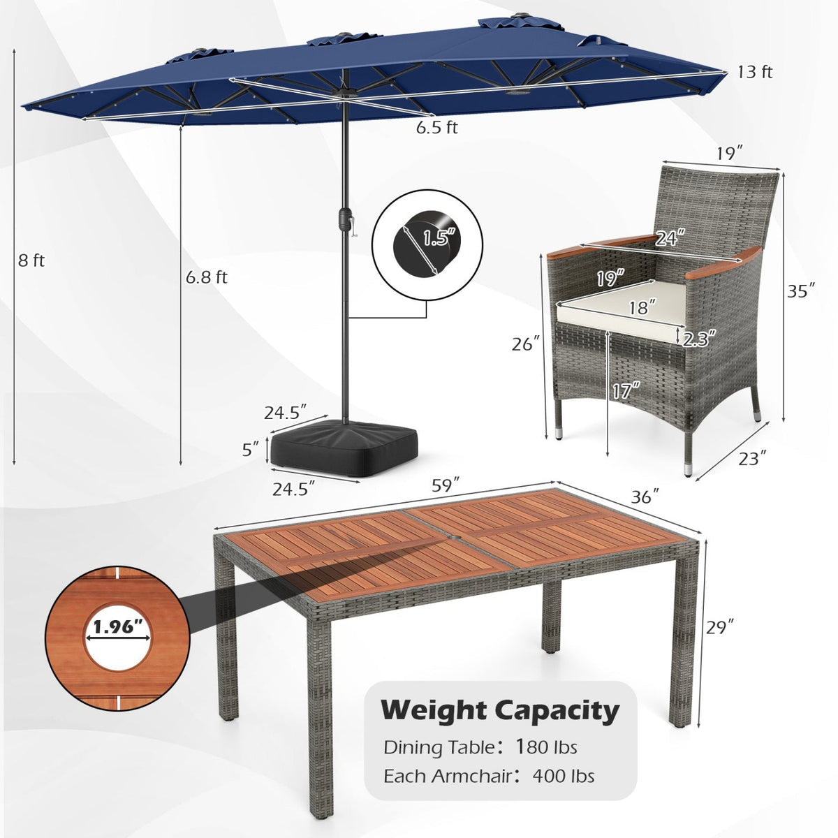 8-Piece Wicker Dining Set with Double-Sided Umbrella