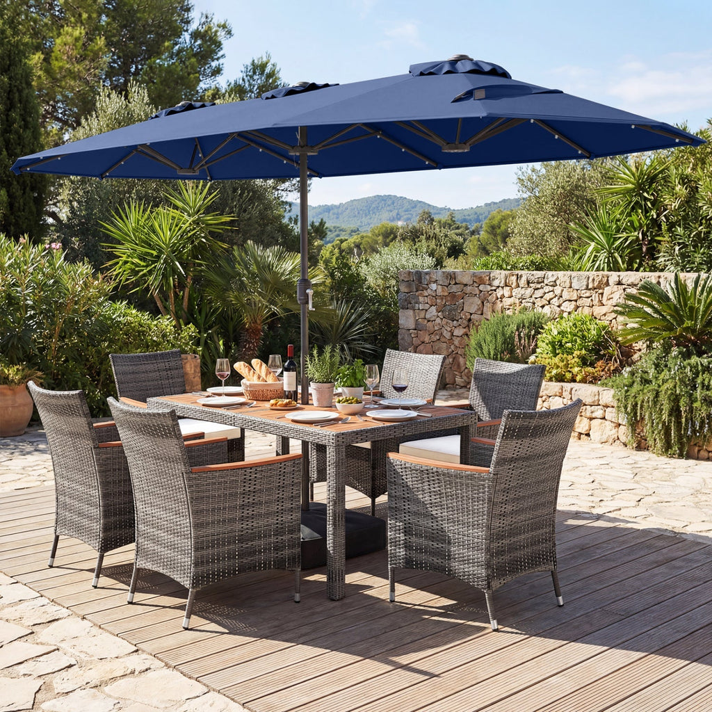 8-Piece Wicker Dining Set with Double-Sided Umbrella