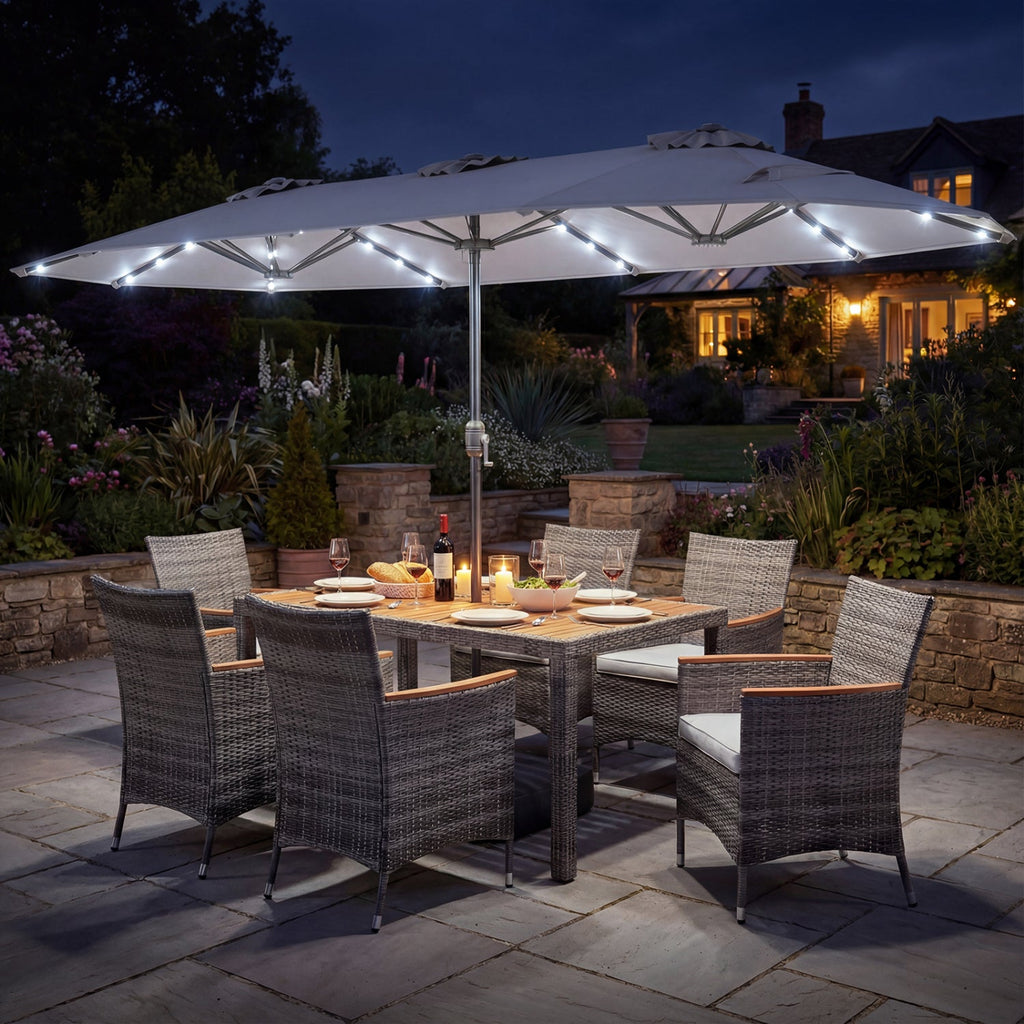 8 Pieces Outdoor Wicker Dining Furniture and 13.5 FT Double-Sided Patio Umbrella