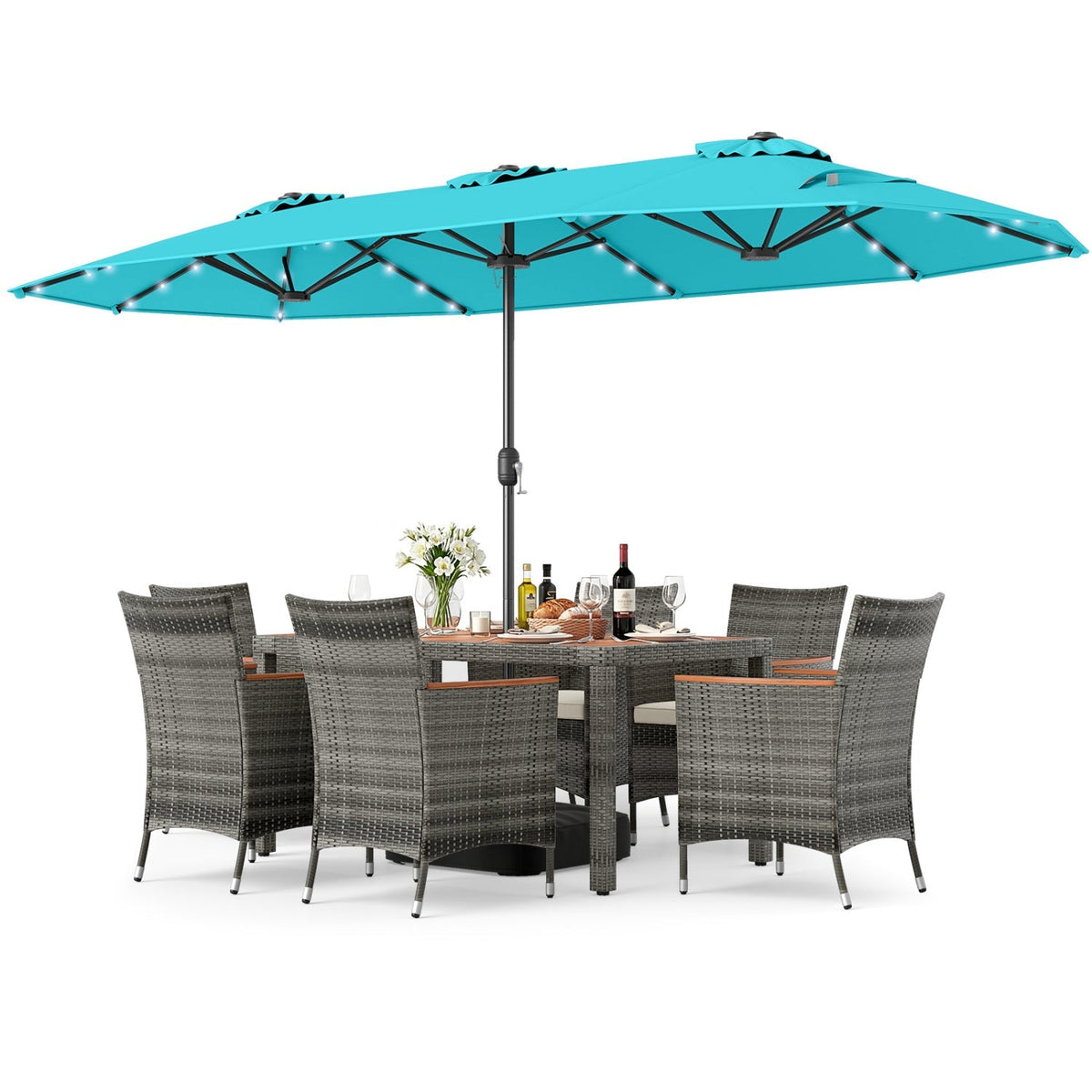 8-Piece Wicker Dining Set with Double-Sided Umbrella