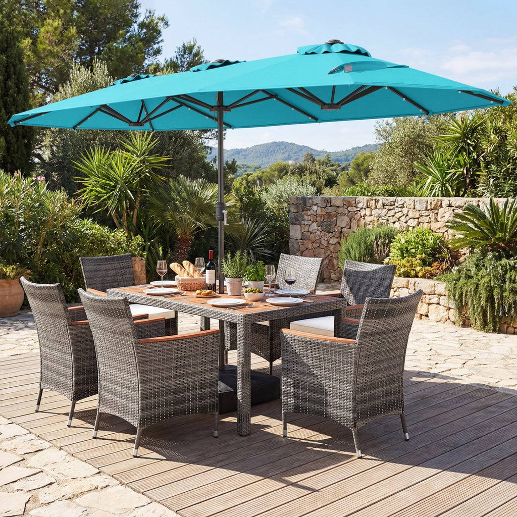 8-Piece Wicker Dining Set with Double-Sided Umbrella